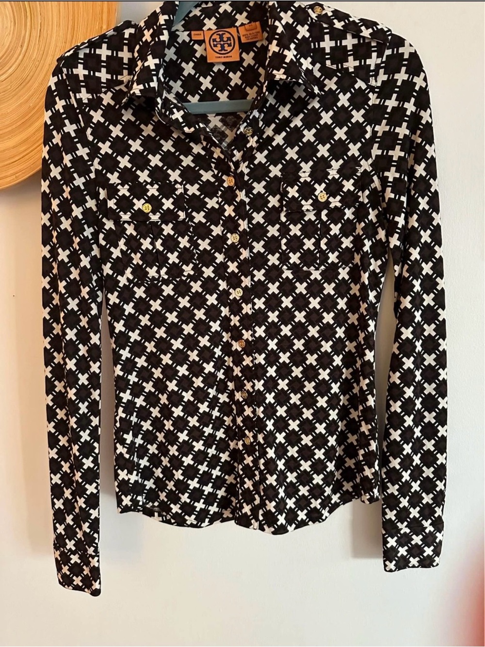 Tory Burch Black and White Geometric Button-Down Shirt